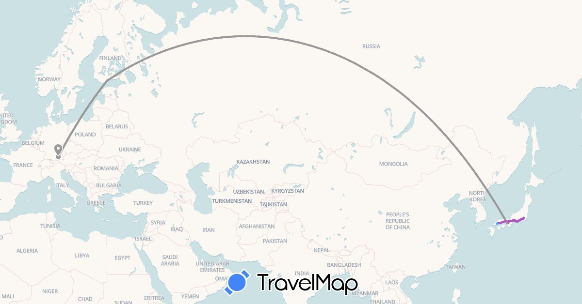 TravelMap itinerary: driving, plane, train, boat in Germany, Finland, Japan (Asia, Europe)